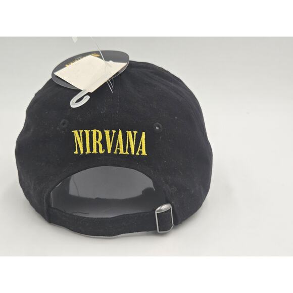 NWT Nirvana Smiley Face Black Adjustable Dad Hat  Y2K Grunge Rock Band Cap - Picture 3 of 6
